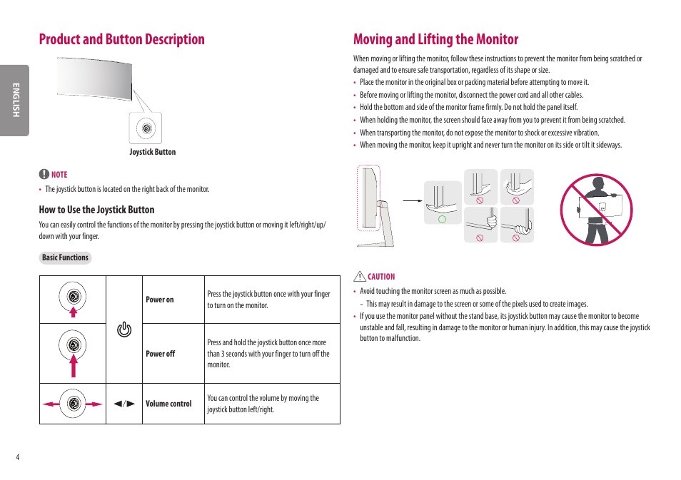 Product and button description, Moving and lifting the monitor, How to use the joystick button | LG BQ60QC 34" 1440p HDR Curved Monitor User Manual | Page 4 / 30