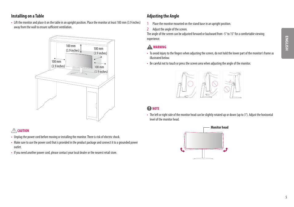 Installing on a table, Adjusting the angle | LG BQ60QC 34" 1440p HDR Curved Monitor User Manual | Page 5 / 30