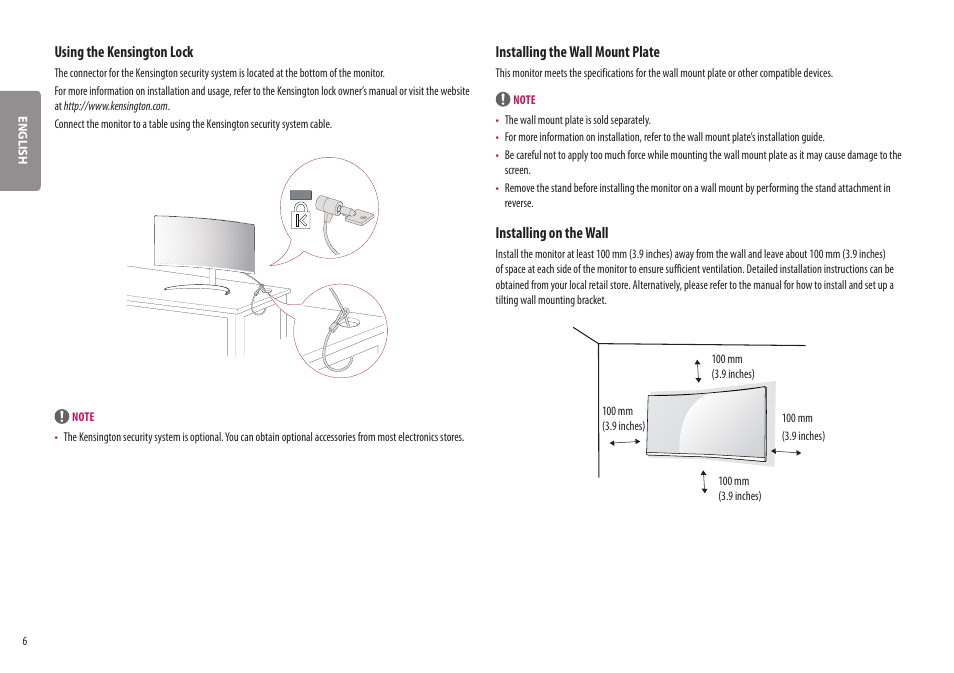 Using the kensington lock, Installing the wall mount plate, Installing on the wall | LG BQ60QC 34" 1440p HDR Curved Monitor User Manual | Page 6 / 30