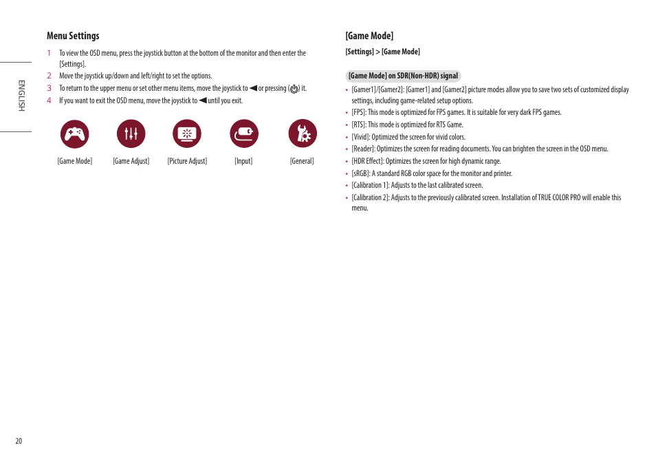 Menu settings, Game mode | LG 27GN95B-B 27" 16:9 144 Hz IPS 4K Gaming Monitor (Black & Red) User Manual | Page 20 / 33