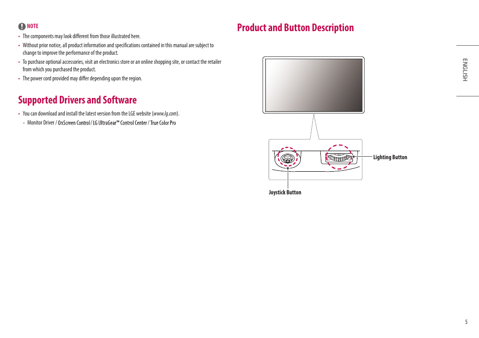 Supported drivers and software, Product and button description | LG 27GN95B-B 27" 16:9 144 Hz IPS 4K Gaming Monitor (Black & Red) User Manual | Page 5 / 33