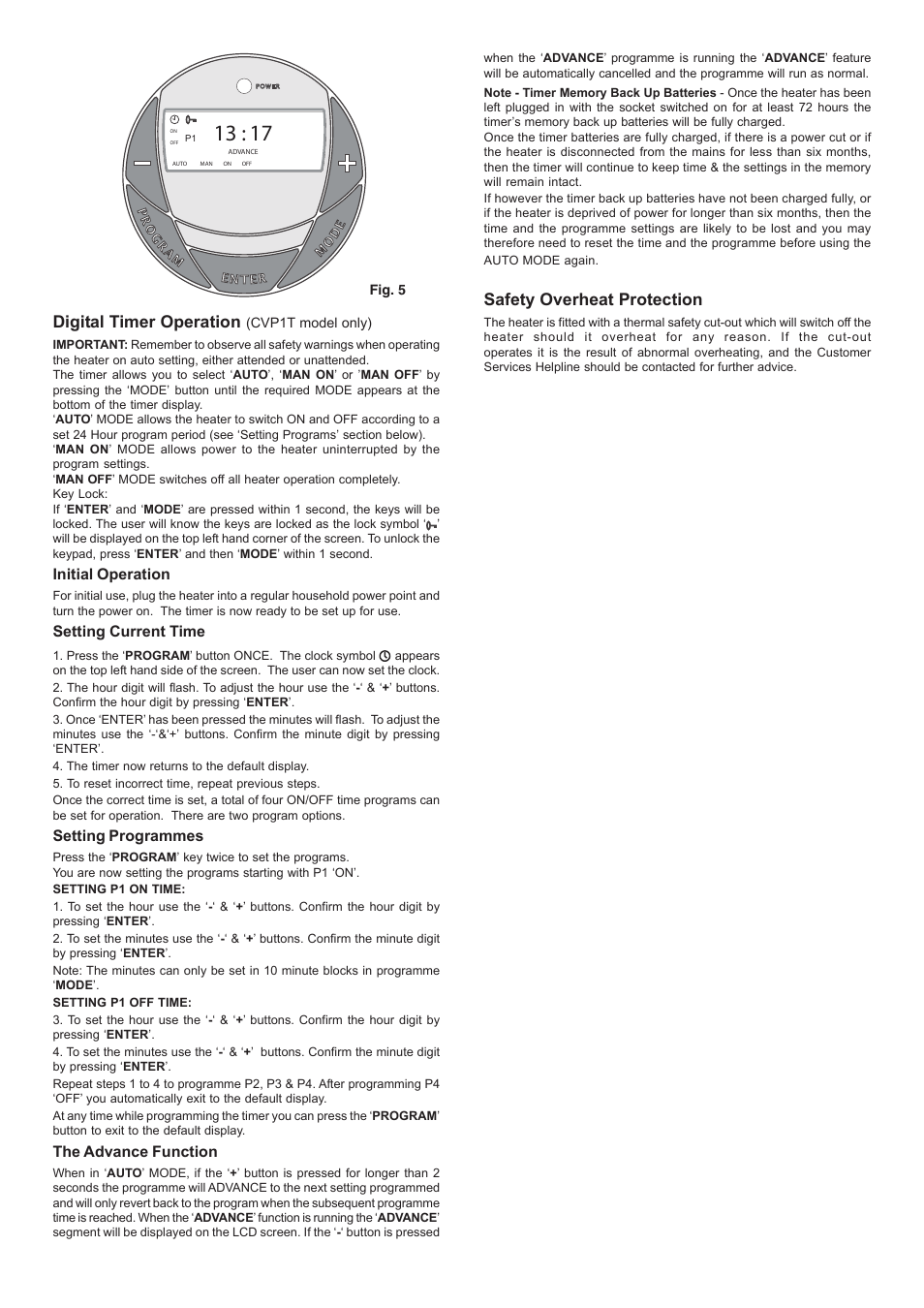 Digital timer operation, Safety overheat protection | Dimplex CVP1 User Manual | Page 3 / 4