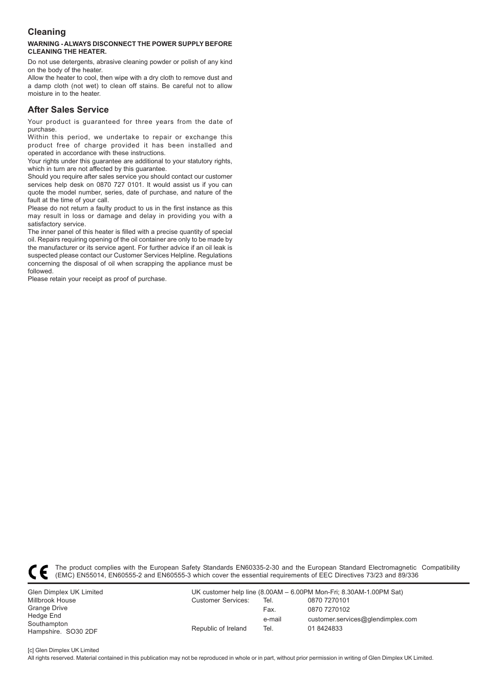 Cleaning, After sales service | Dimplex CVP1 User Manual | Page 4 / 4