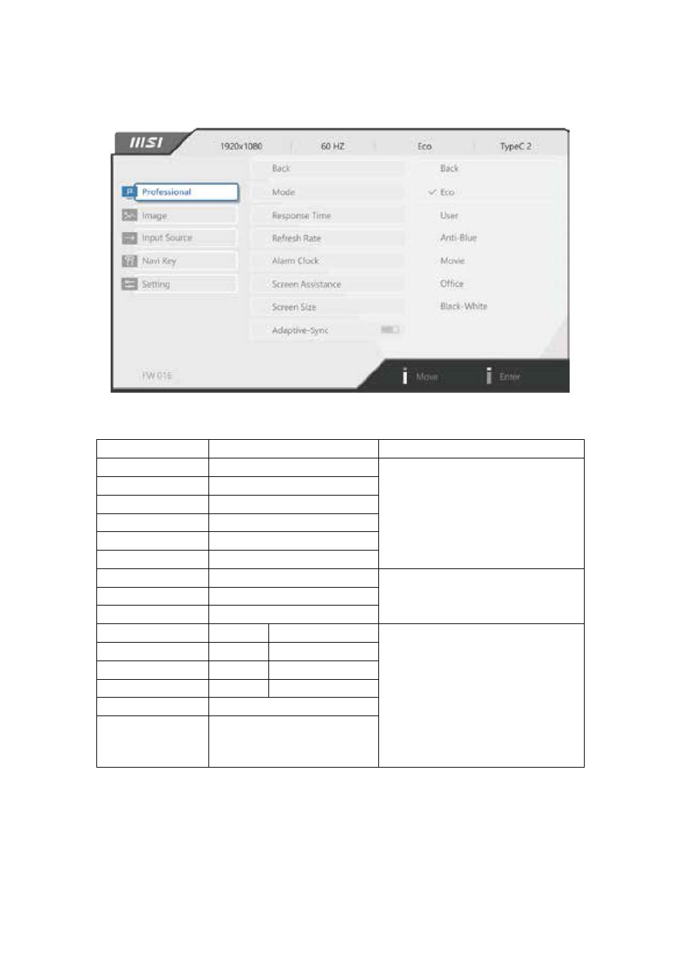 Osd menu, Professional | MSI PRO MP161 15.6" Portable Monitor User Manual | Page 8 / 21