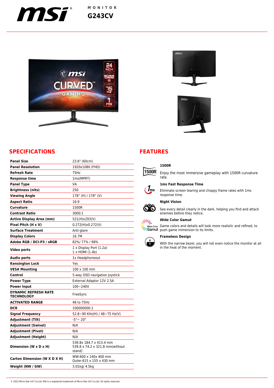 MSI G243CV 23.6" Curved Gaming Monitor User Manual | 2 pages