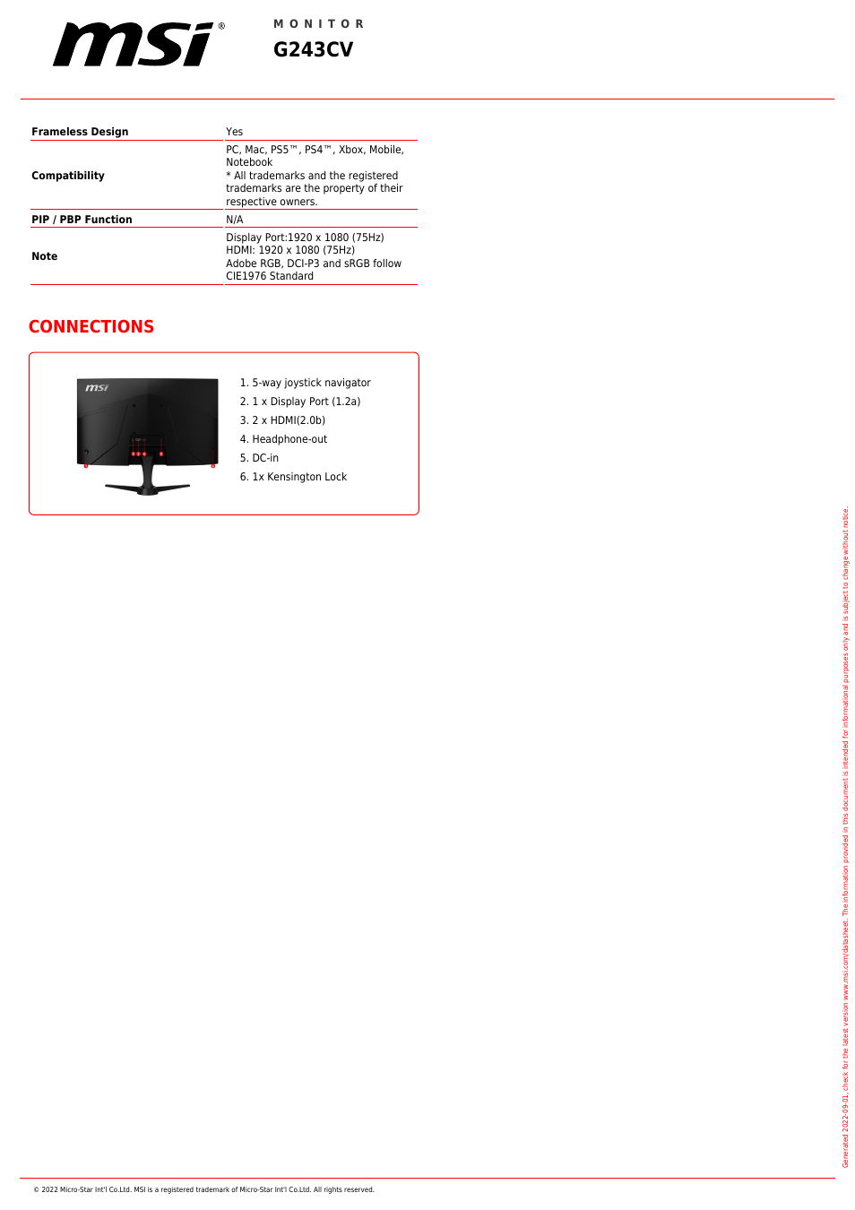 G243cv, Connections | MSI G243CV 23.6" Curved Gaming Monitor User Manual | Page 2 / 2