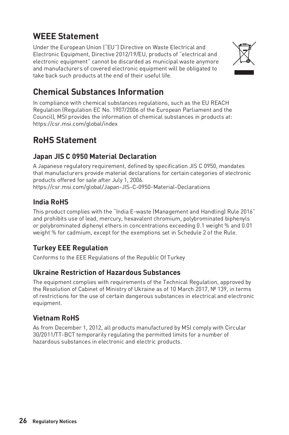 Weee statement, Chemical substances information, Rohs statement | Japan jis c 0950 material declaration, India rohs, Turkey eee regulation, Ukraine restriction of hazardous substances, Vietnam rohs | MSI G321CU 31.5" 4K HDR 144 Hz Curved Gaming Monitor User Manual | Page 26 / 27