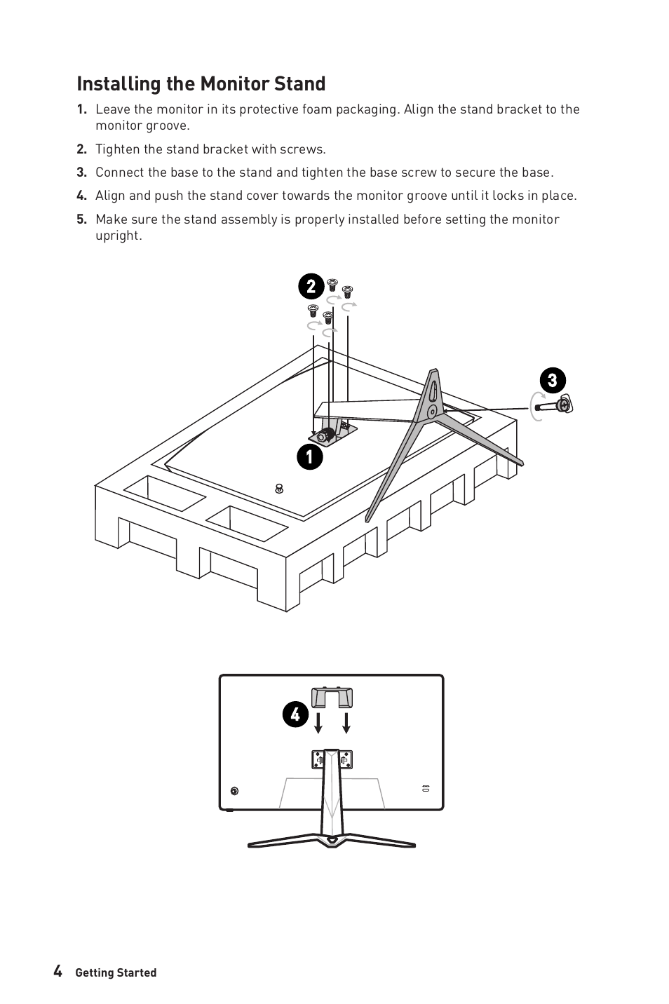 Installing the monitor stand | MSI G321CU 31.5" 4K HDR 144 Hz Curved Gaming Monitor User Manual | Page 4 / 27