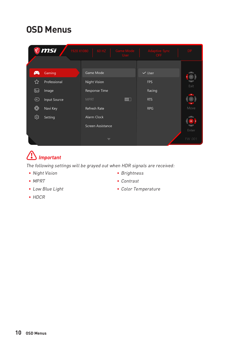 Osd menus | MSI G2412V 23.8" 100 Hz Gaming Monitor User Manual | Page 10 / 26