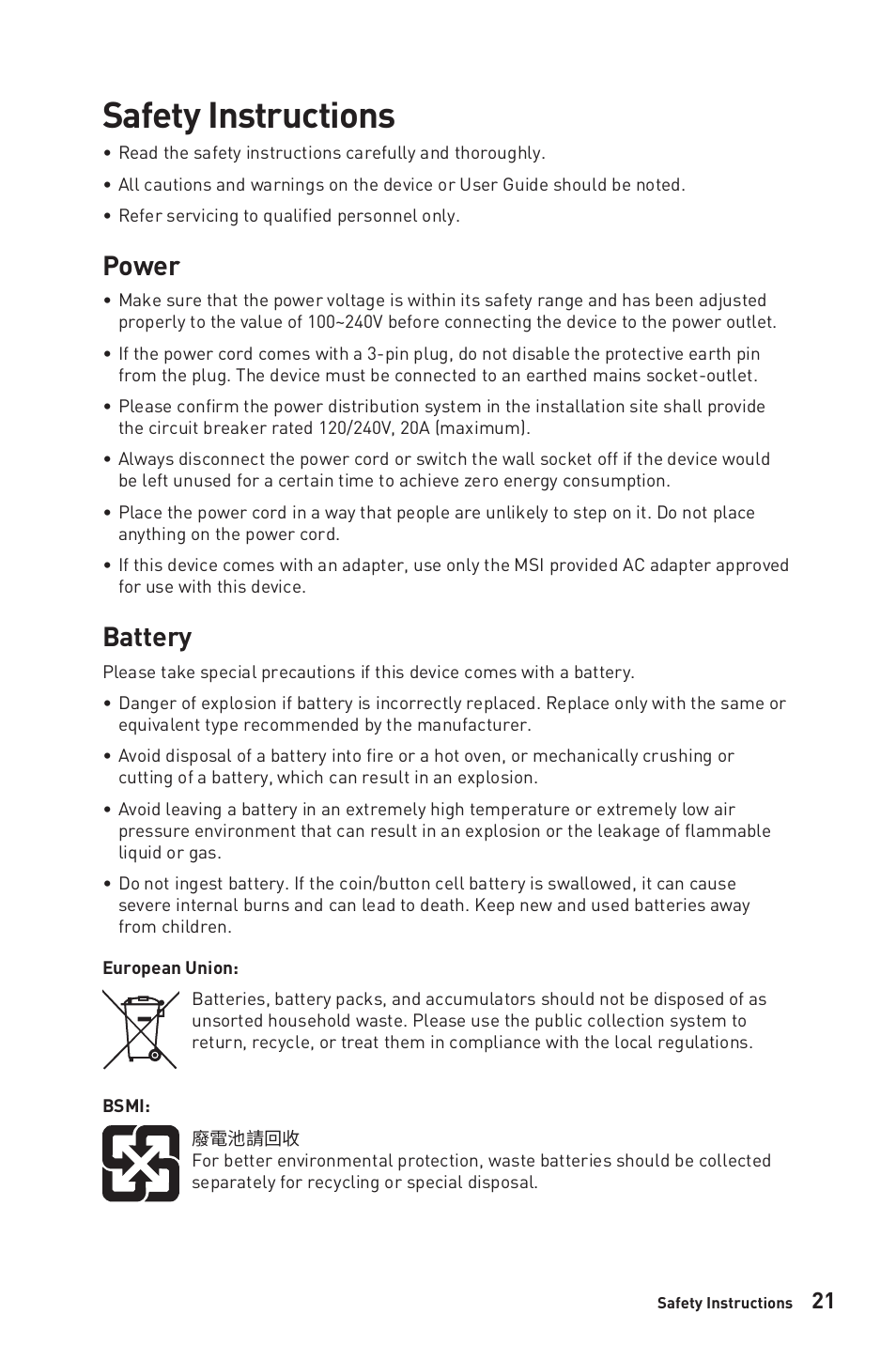 Safety instructions, Power, Battery | MSI G2412V 23.8" 100 Hz Gaming Monitor User Manual | Page 21 / 26