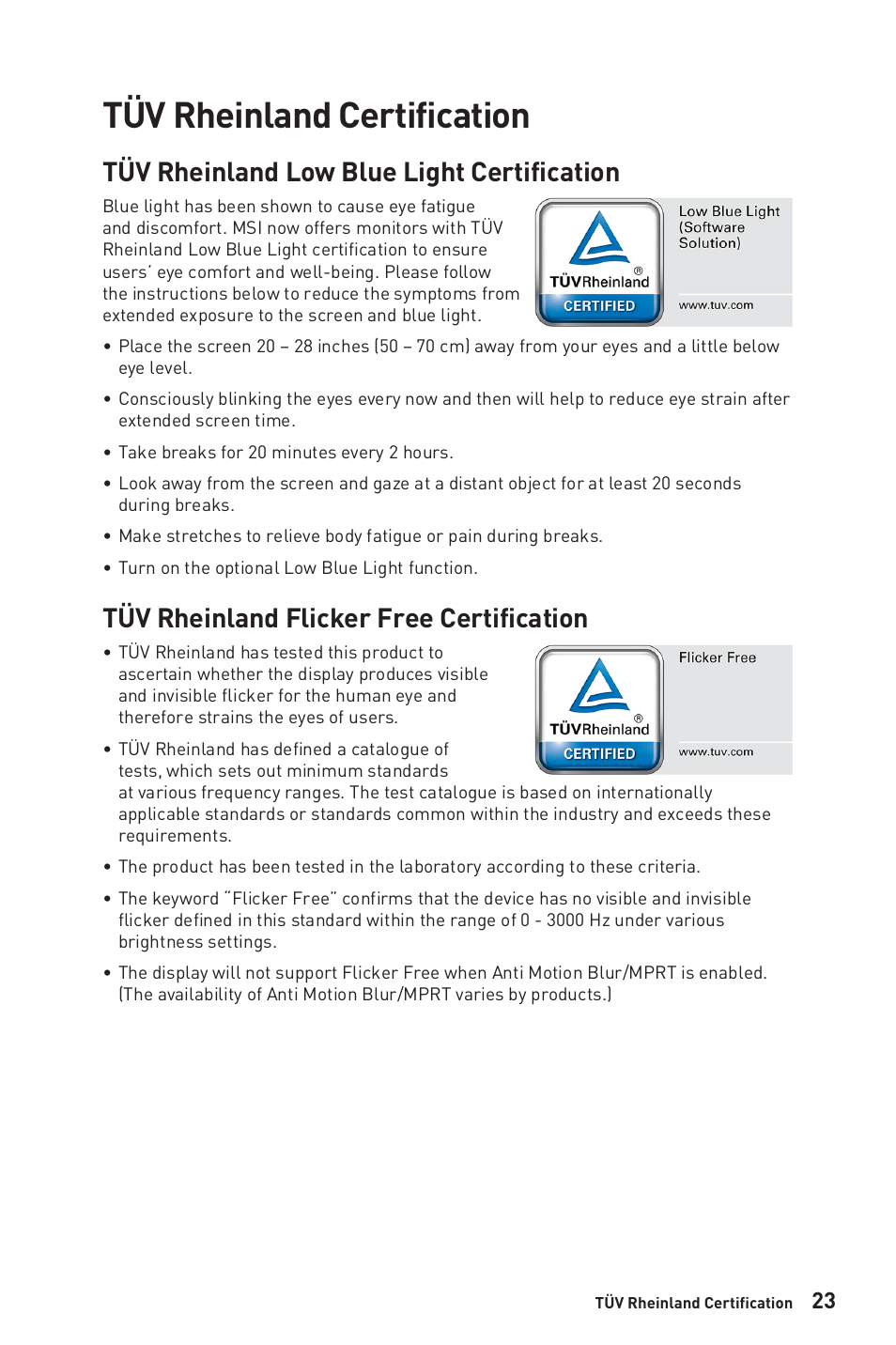 Tüv rheinland certification, Tüv rheinland low blue light certification, Tüv rheinland flicker free certification | MSI G2412V 23.8" 100 Hz Gaming Monitor User Manual | Page 23 / 26