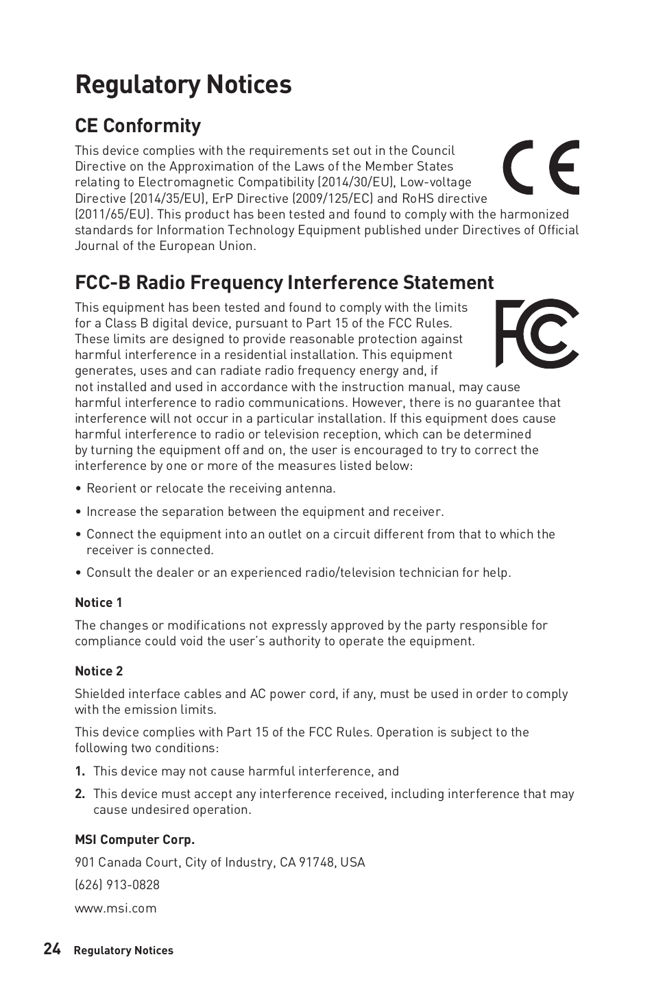 Regulatory notices, Ce conformity, Fcc-b radio frequency interference statement | MSI G2412V 23.8" 100 Hz Gaming Monitor User Manual | Page 24 / 26