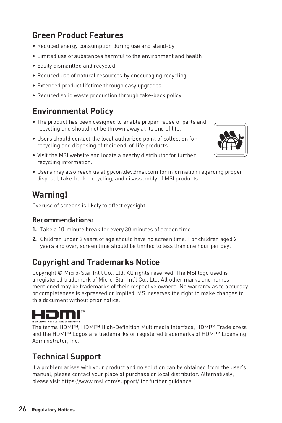 Green product features, Environmental policy, Warning | Copyright and trademarks notice, Technical support, Recommendations | MSI G2412V 23.8" 100 Hz Gaming Monitor User Manual | Page 26 / 26