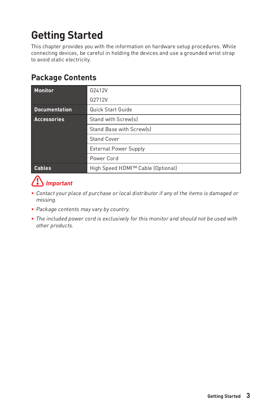 Getting started, Package contents | MSI G2412V 23.8" 100 Hz Gaming Monitor User Manual | Page 3 / 26