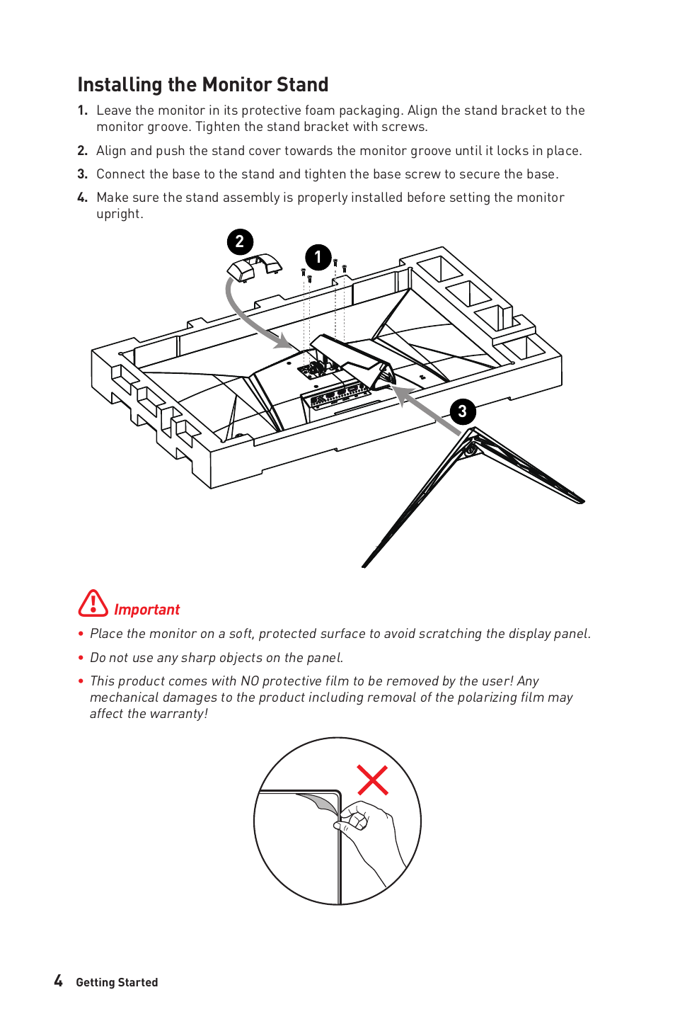 Installing the monitor stand | MSI G2412V 23.8" 100 Hz Gaming Monitor User Manual | Page 4 / 26