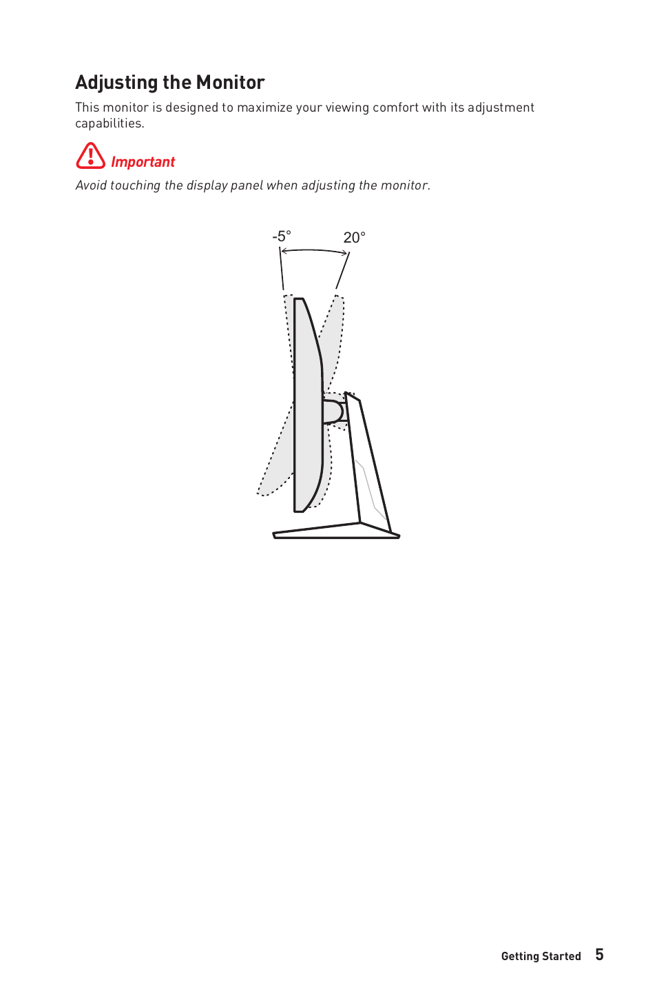 Adjusting the monitor | MSI G2412V 23.8" 100 Hz Gaming Monitor User Manual | Page 5 / 26