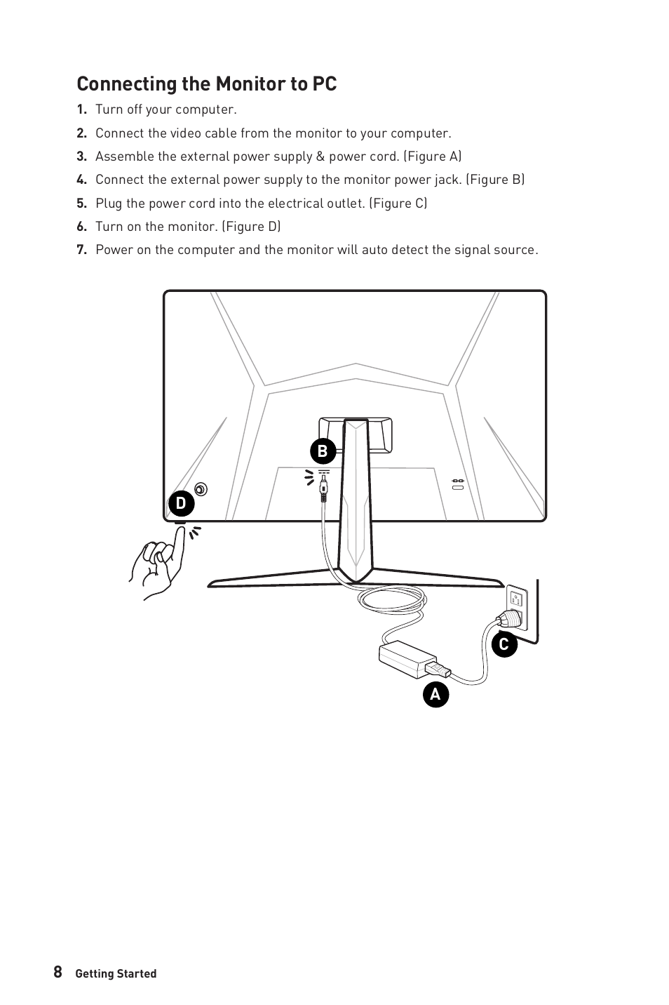 Connecting the monitor to pc, Da b c | MSI G2412V 23.8" 100 Hz Gaming Monitor User Manual | Page 8 / 26