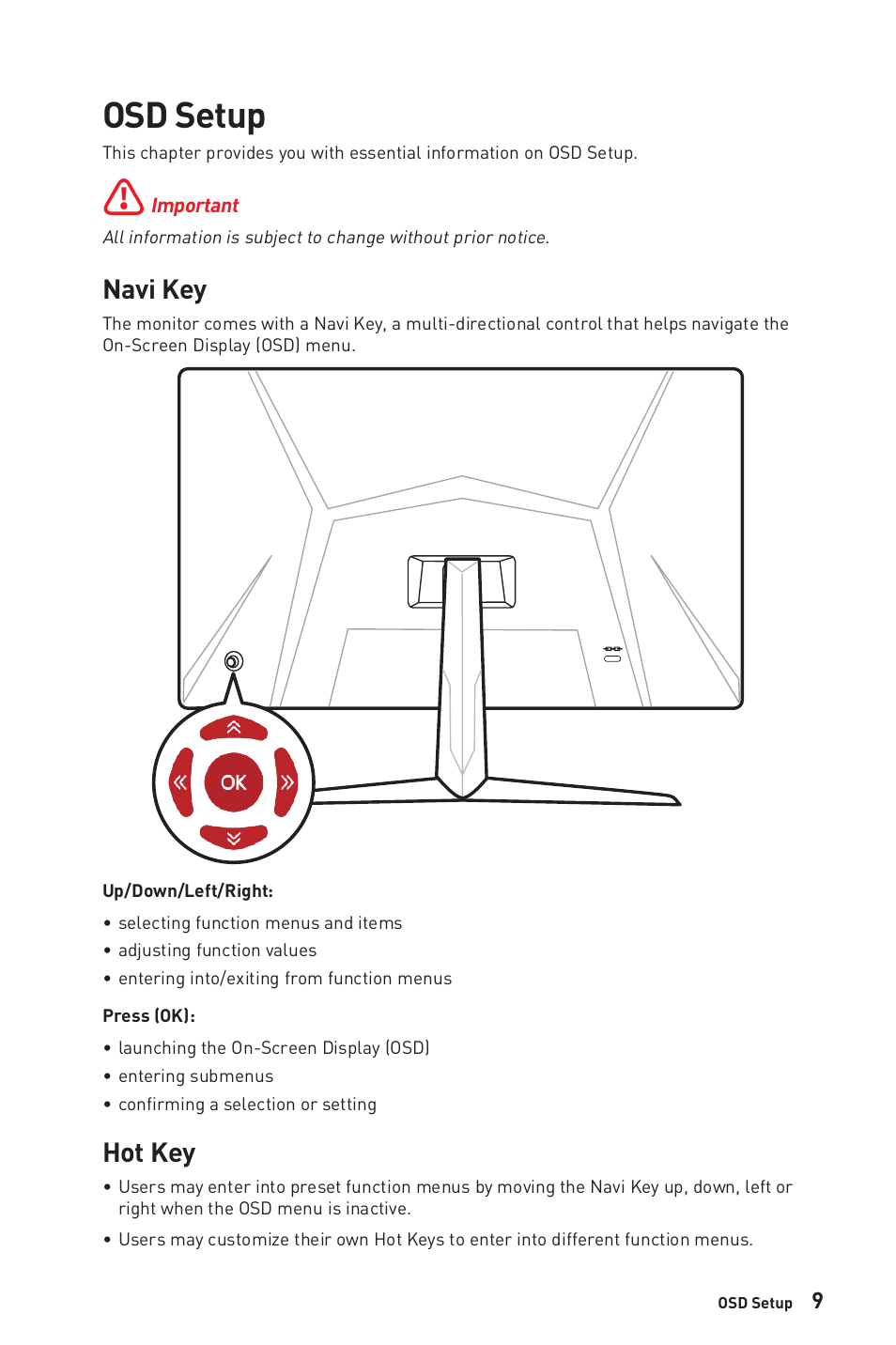 Osd setup, Navi key, Hot key | Navi key hot key | MSI G2412V 23.8" 100 Hz Gaming Monitor User Manual | Page 9 / 26