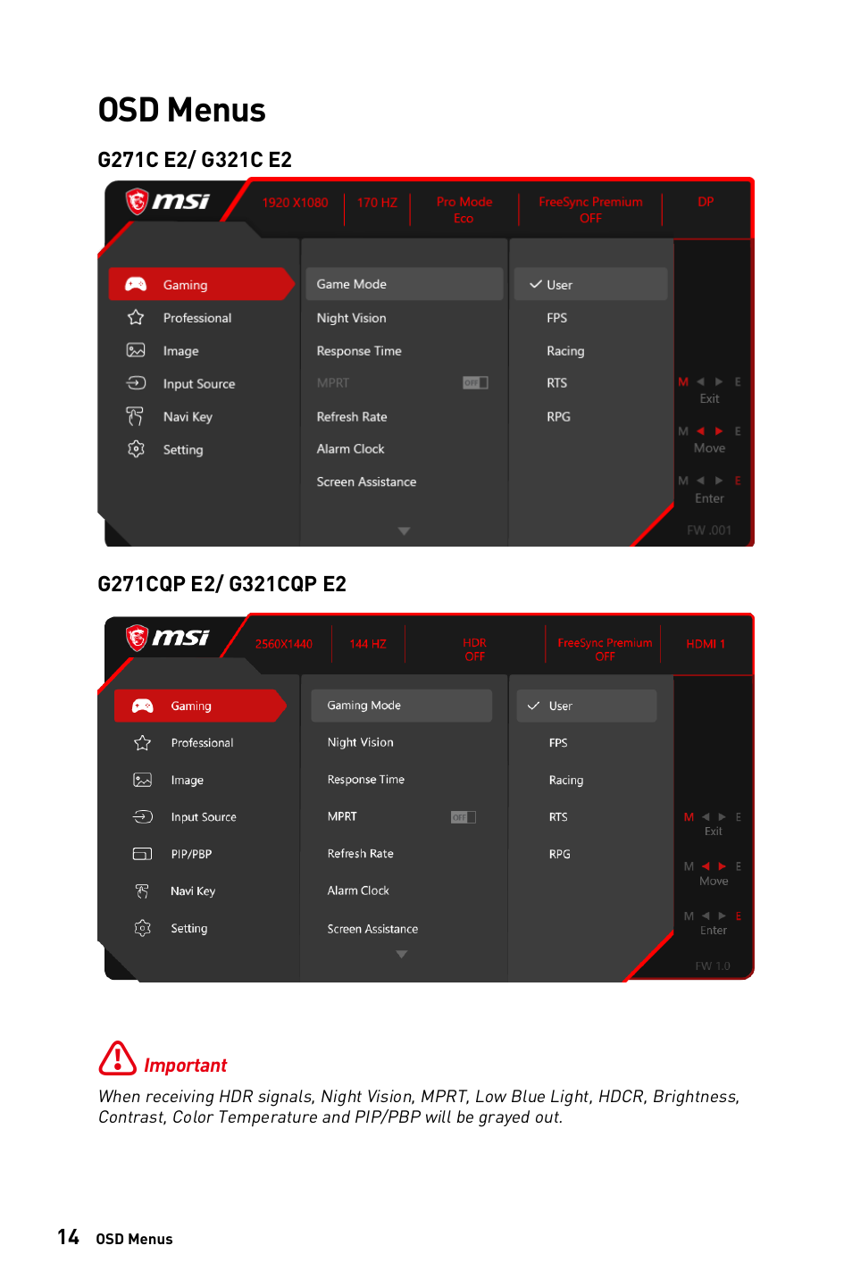 Osd menus | MSI G271C E2 27" 170 Hz Curved Gaming Monitor User Manual | Page 14 / 33