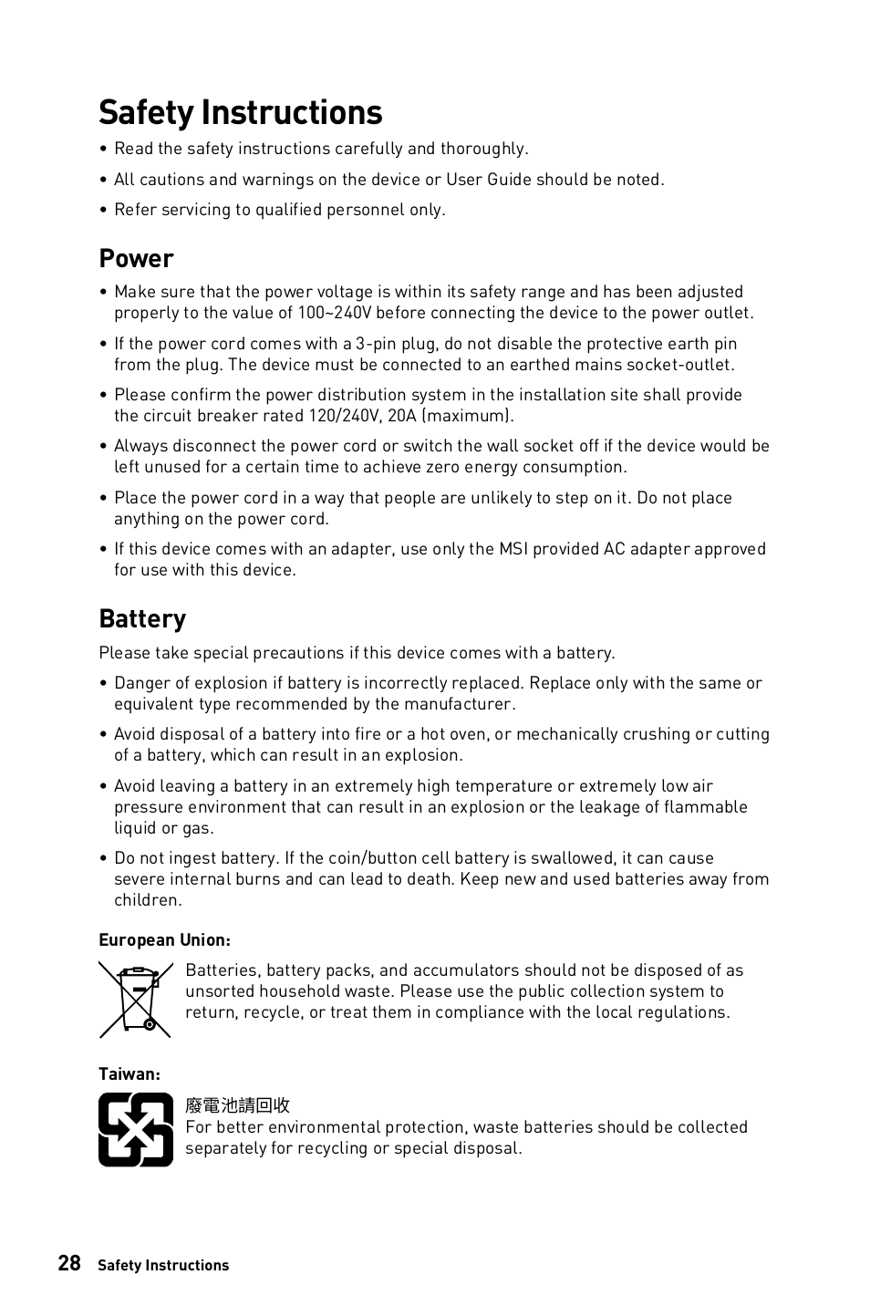 Safety instructions, Power, Battery | MSI G271C E2 27" 170 Hz Curved Gaming Monitor User Manual | Page 28 / 33