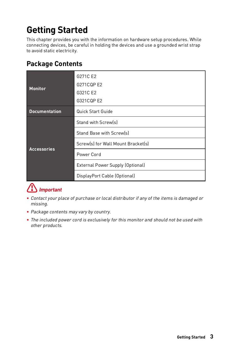 Getting started, Package contents | MSI G271C E2 27" 170 Hz Curved Gaming Monitor User Manual | Page 3 / 33