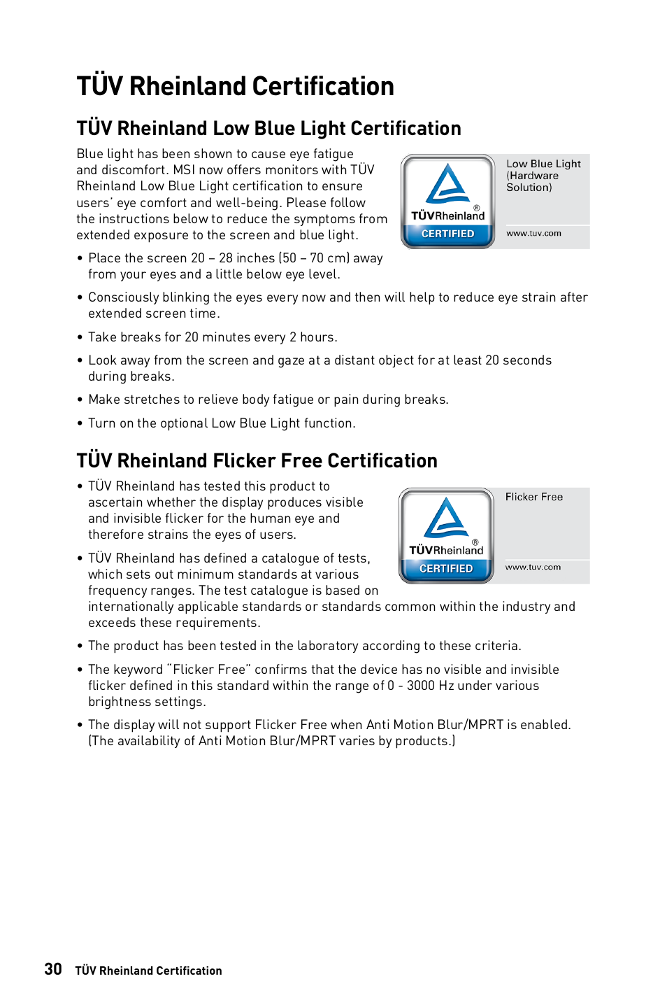 Tüv rheinland certification, Tüv rheinland low blue light certification, Tüv rheinland flicker free certification | MSI G271C E2 27" 170 Hz Curved Gaming Monitor User Manual | Page 30 / 33