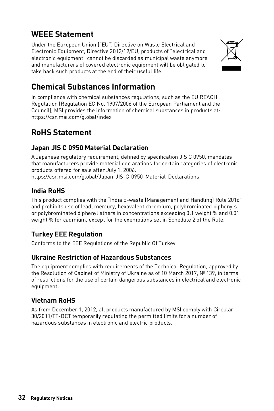 Weee statement, Chemical substances information, Rohs statement | Japan jis c 0950 material declaration, India rohs, Turkey eee regulation, Ukraine restriction of hazardous substances, Vietnam rohs | MSI G271C E2 27" 170 Hz Curved Gaming Monitor User Manual | Page 32 / 33