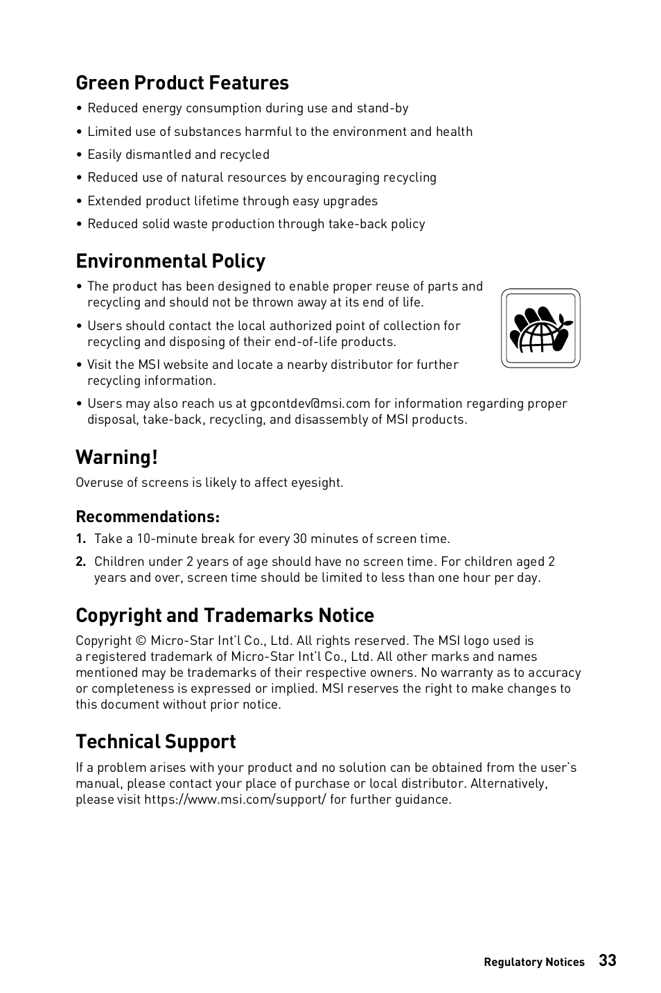 Green product features, Environmental policy, Warning | Copyright and trademarks notice, Technical support, Recommendations | MSI G271C E2 27" 170 Hz Curved Gaming Monitor User Manual | Page 33 / 33