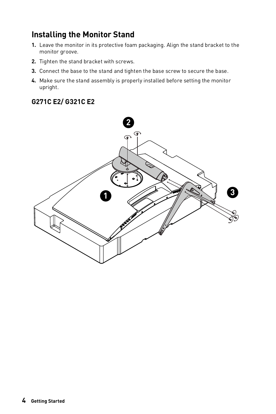 Installing the monitor stand | MSI G271C E2 27" 170 Hz Curved Gaming Monitor User Manual | Page 4 / 33