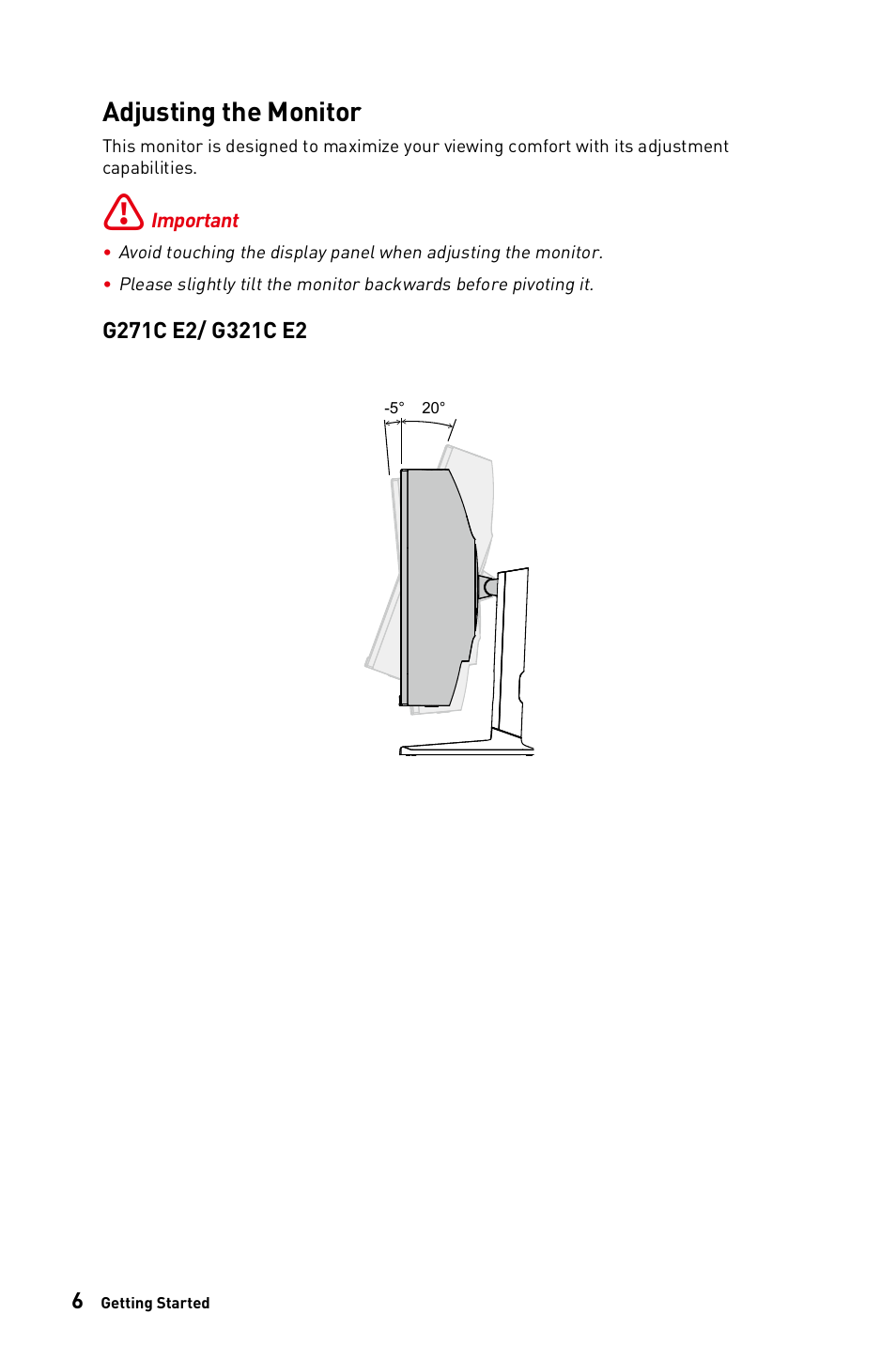 Adjusting the monitor | MSI G271C E2 27" 170 Hz Curved Gaming Monitor User Manual | Page 6 / 33