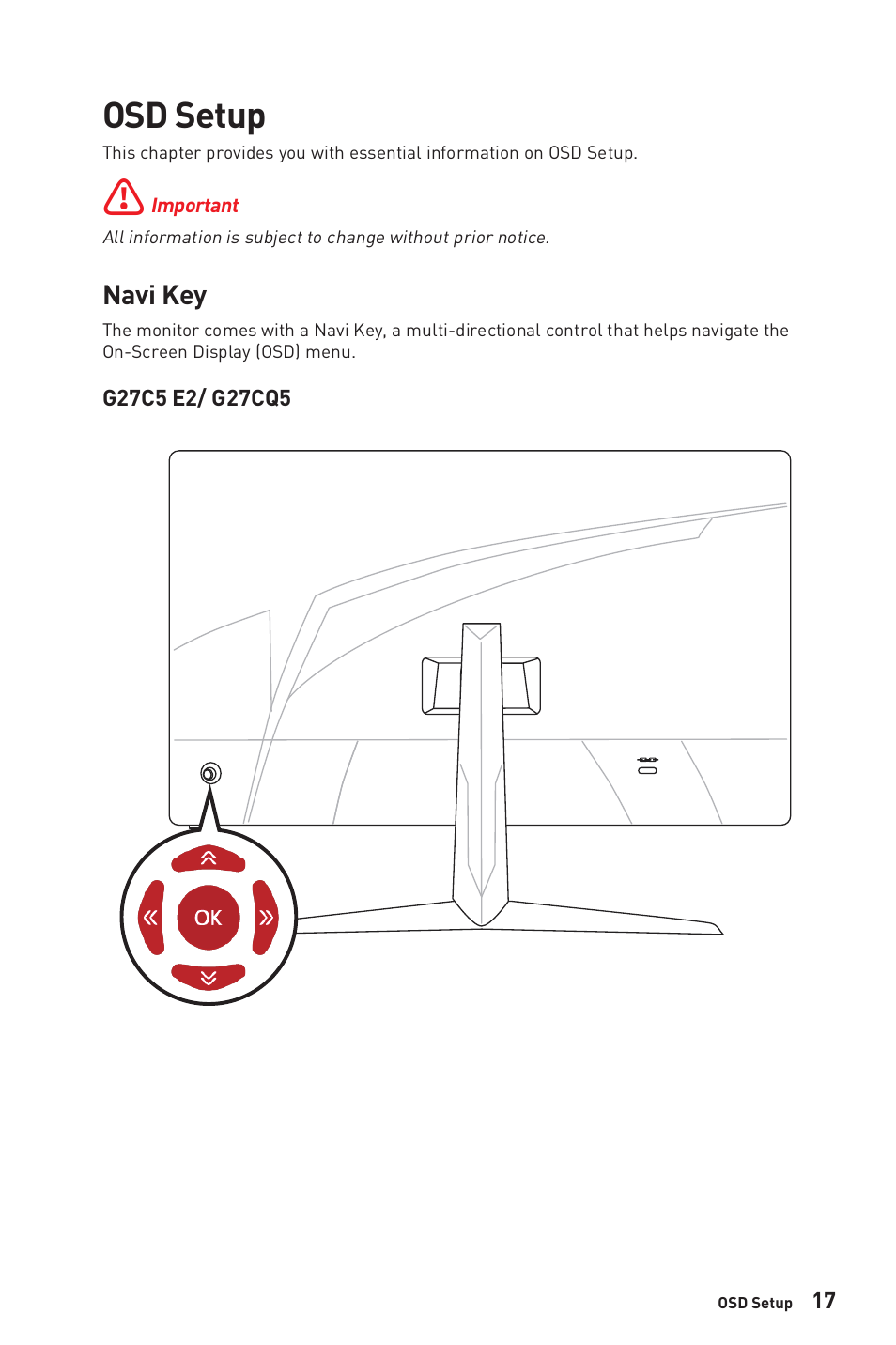 Osd setup, Navi key | MSI G27C6 E2 27" 170 Hz Curved Gaming Monitor User Manual | Page 17 / 37