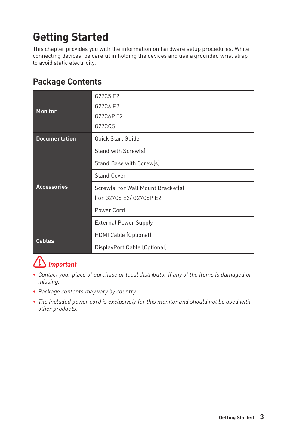 Getting started, Package contents | MSI G27C6 E2 27" 170 Hz Curved Gaming Monitor User Manual | Page 3 / 37