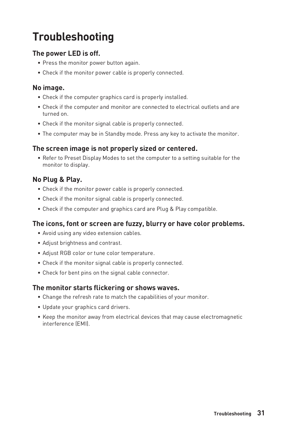 Troubleshooting, The power led is off, No image | The screen image is not properly sized or centered, No plug & play, The monitor starts flickering or shows waves | MSI G27C6 E2 27" 170 Hz Curved Gaming Monitor User Manual | Page 31 / 37