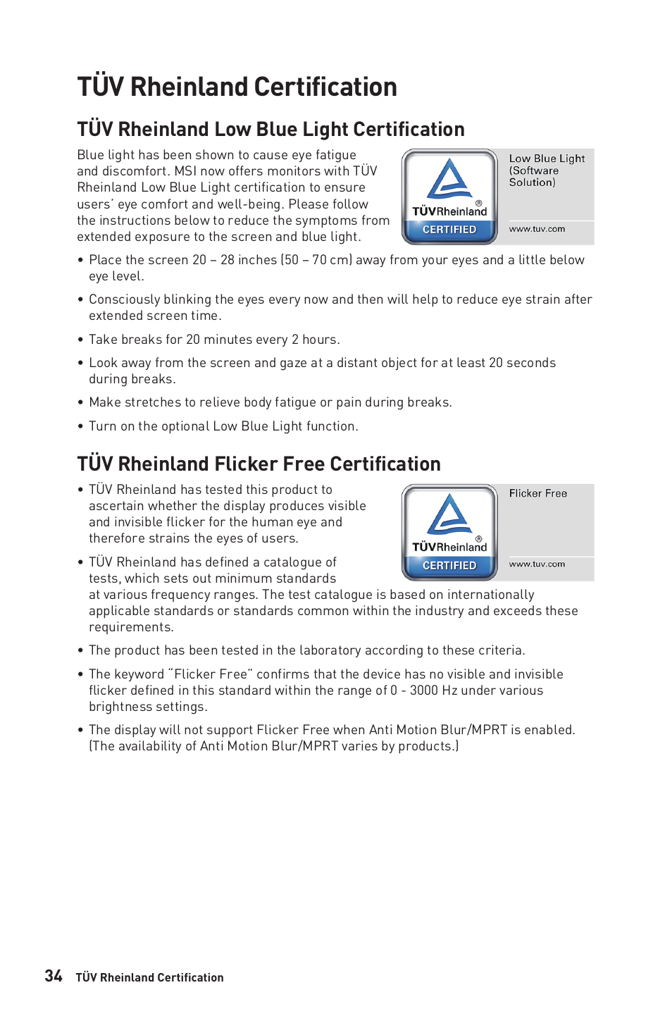 Tüv rheinland certification, Tüv rheinland low blue light certification, Tüv rheinland flicker free certification | MSI G27C6 E2 27" 170 Hz Curved Gaming Monitor User Manual | Page 34 / 37