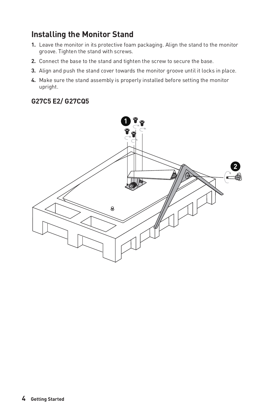 Installing the monitor stand | MSI G27C6 E2 27" 170 Hz Curved Gaming Monitor User Manual | Page 4 / 37