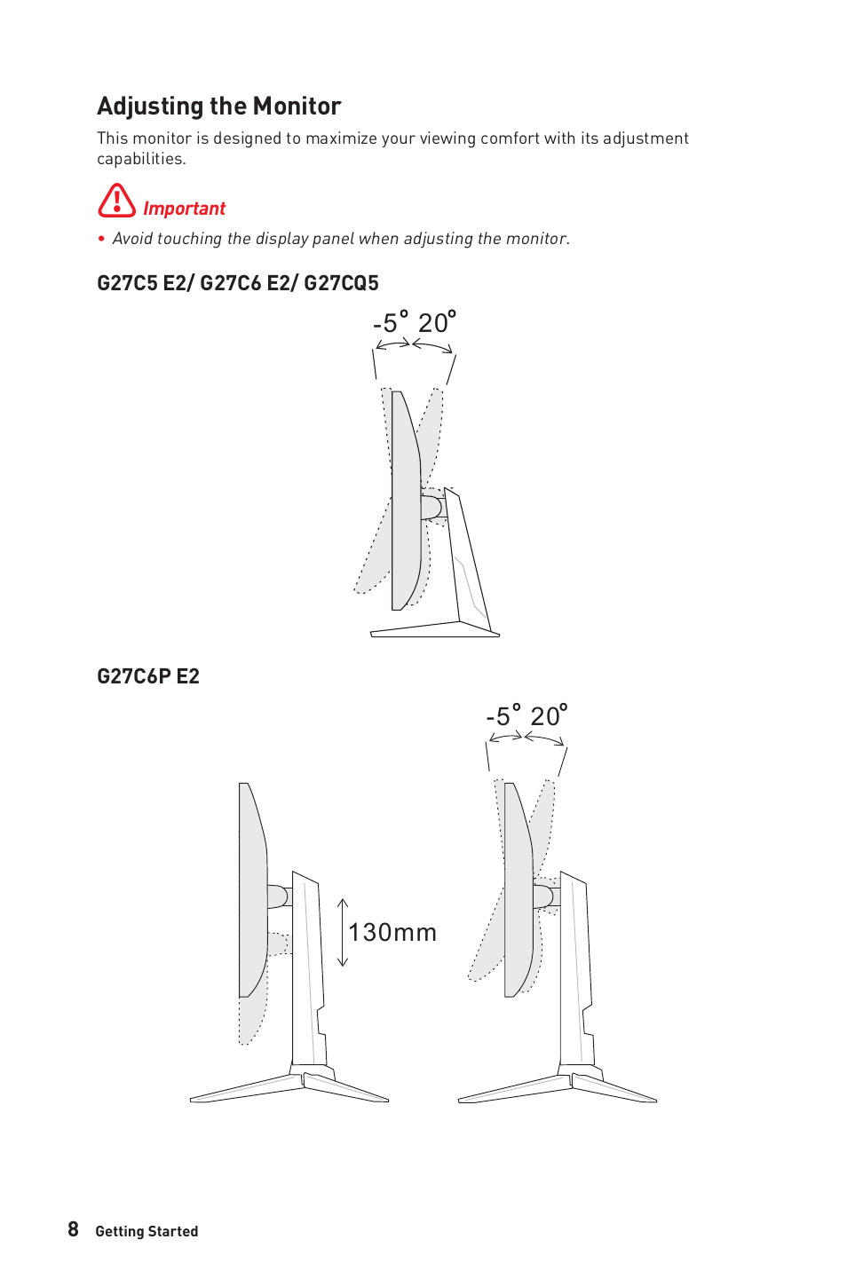 Adjusting the monitor, 130mm -5 | MSI G27C6 E2 27" 170 Hz Curved Gaming Monitor User Manual | Page 8 / 37