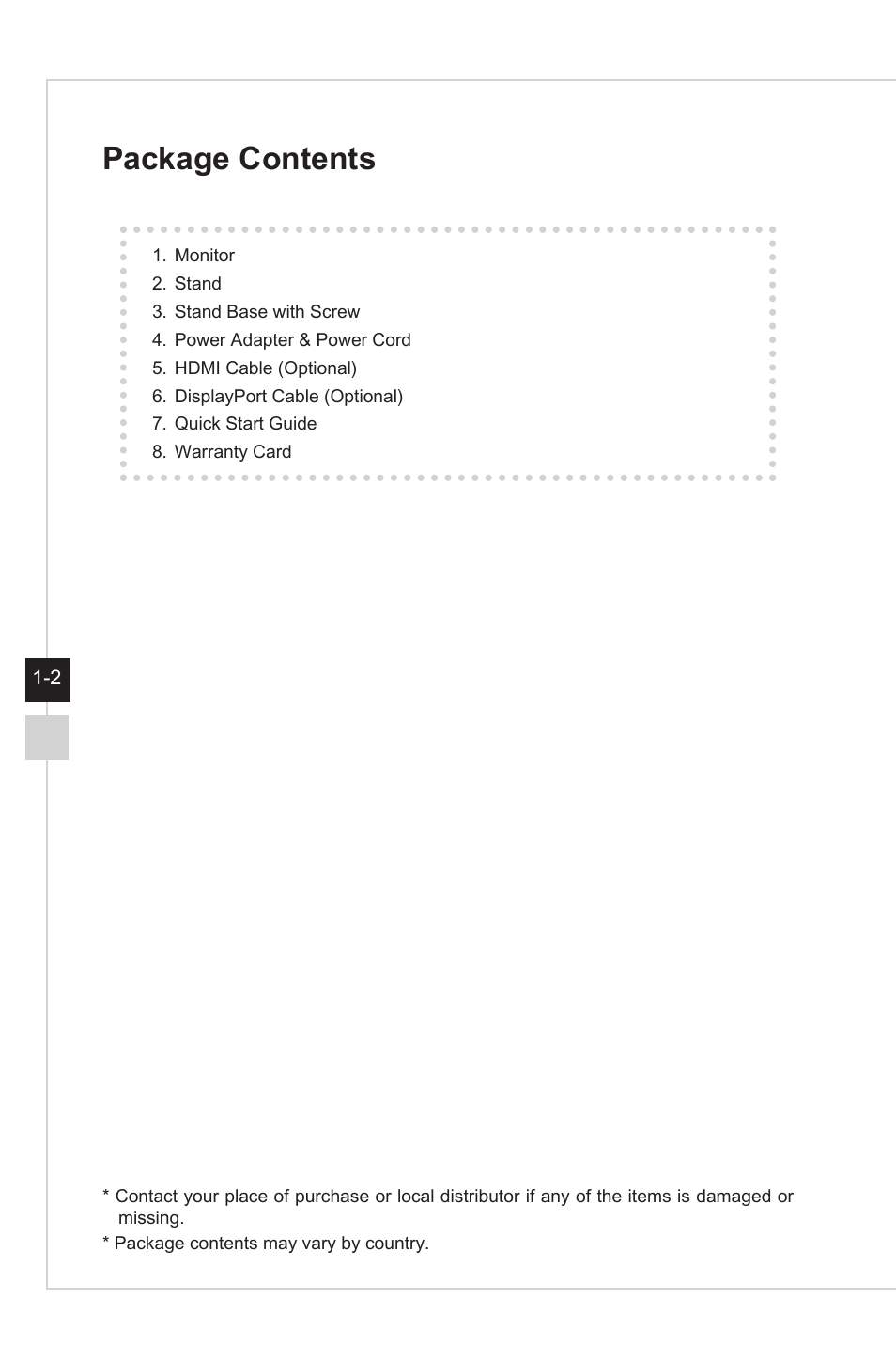 Package contents | MSI Optix G27C4 E2 27" Curved 170 Hz Gaming Monitor User Manual | Page 10 / 34