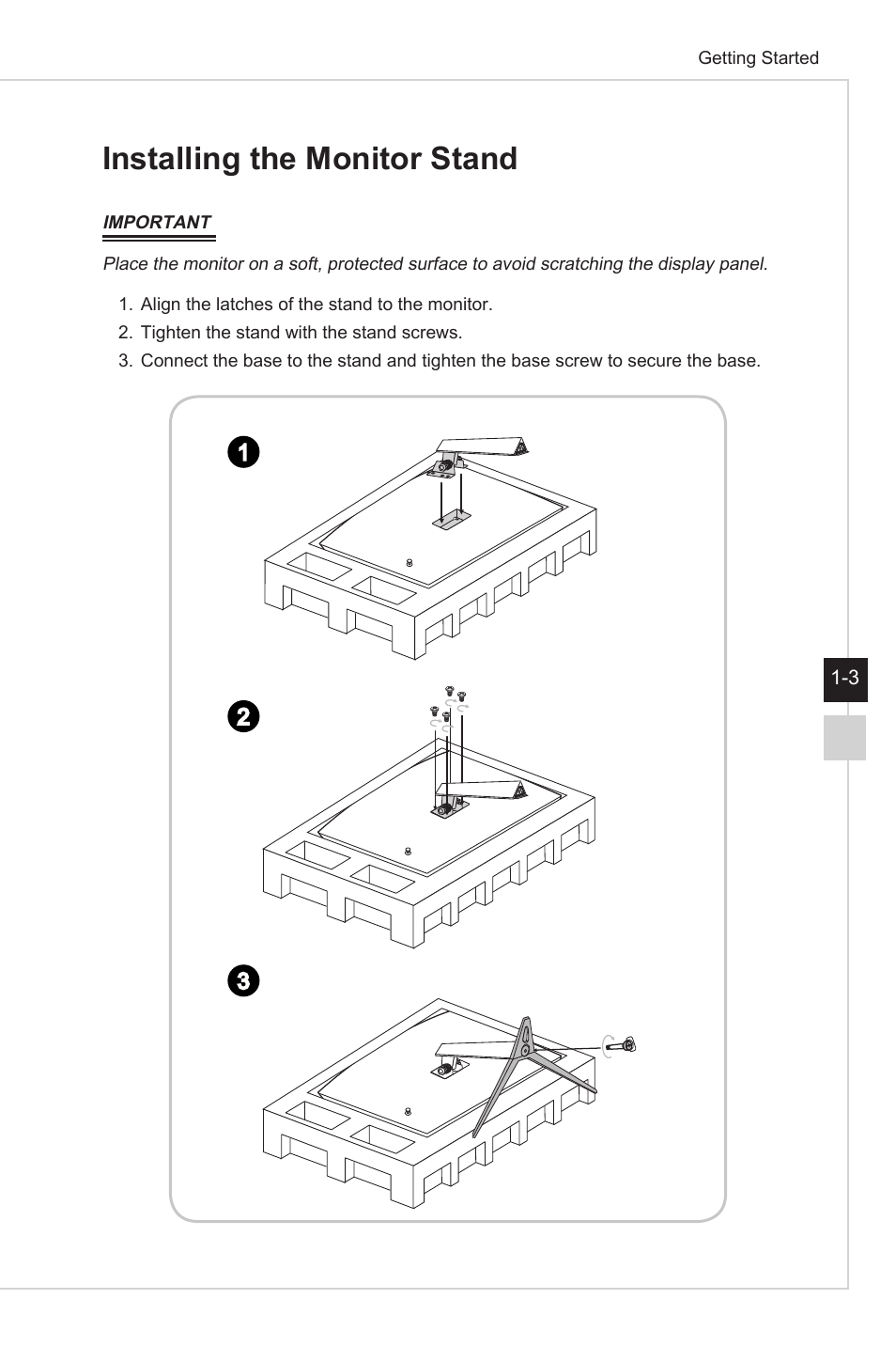 Installing the monitor stand | MSI Optix G27C4 E2 27" Curved 170 Hz Gaming Monitor User Manual | Page 11 / 34