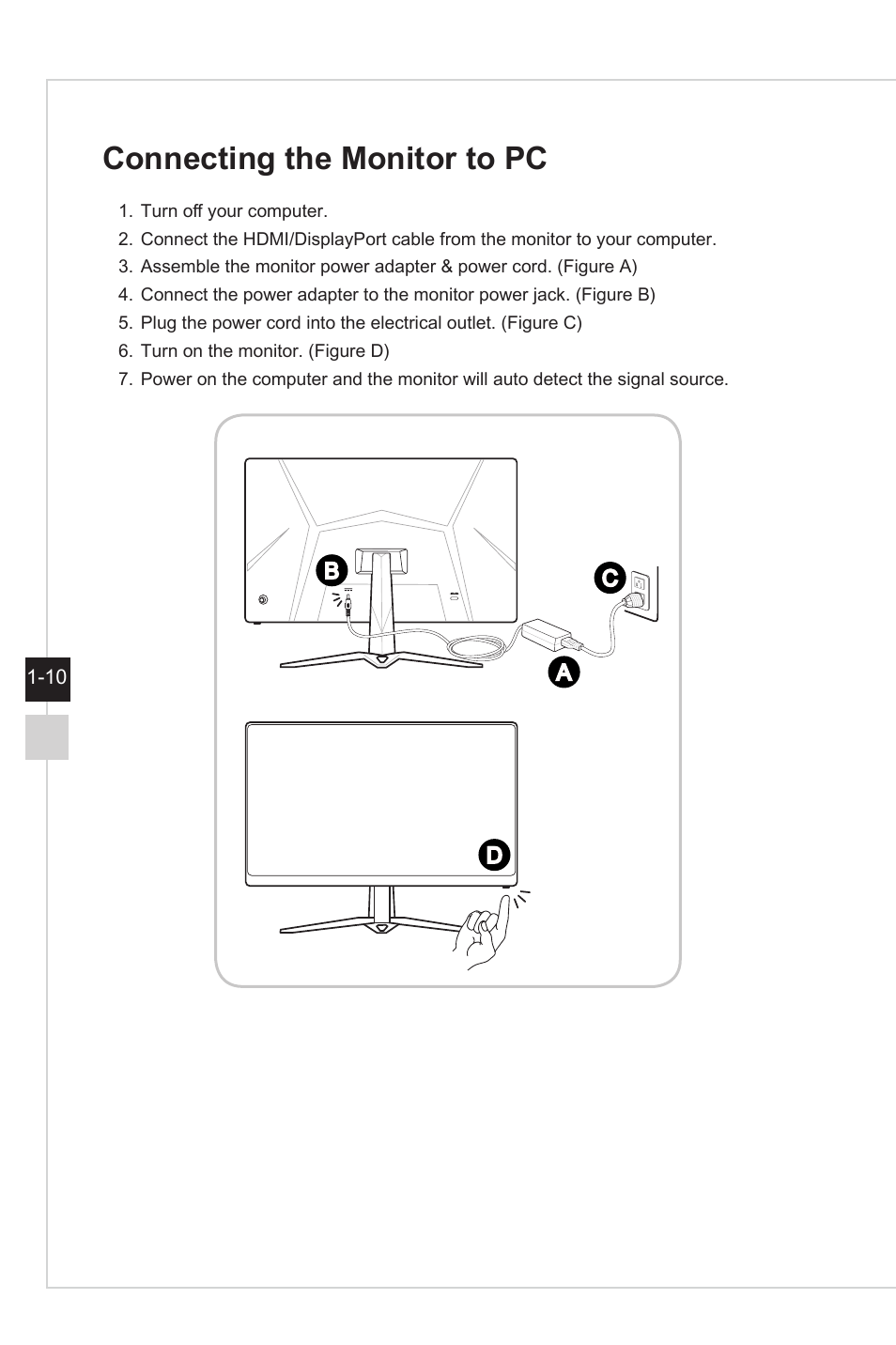 Connecting the monitor to pc | MSI Optix G27C4 E2 27" Curved 170 Hz Gaming Monitor User Manual | Page 18 / 34