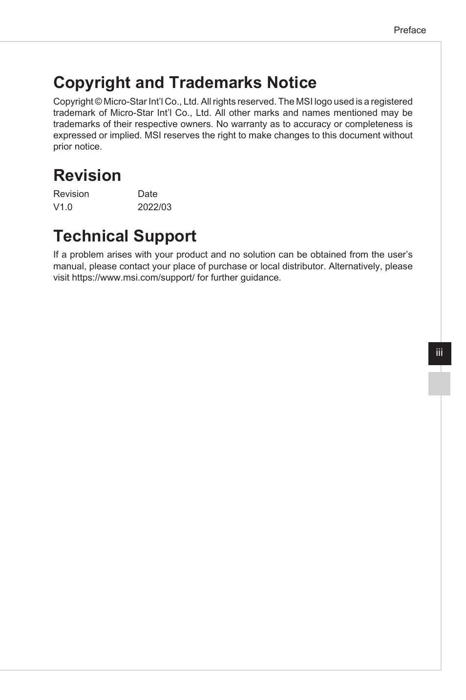 Copyright and trademarks notice, Revision, Technical support | MSI Optix G27C4 E2 27" Curved 170 Hz Gaming Monitor User Manual | Page 3 / 34