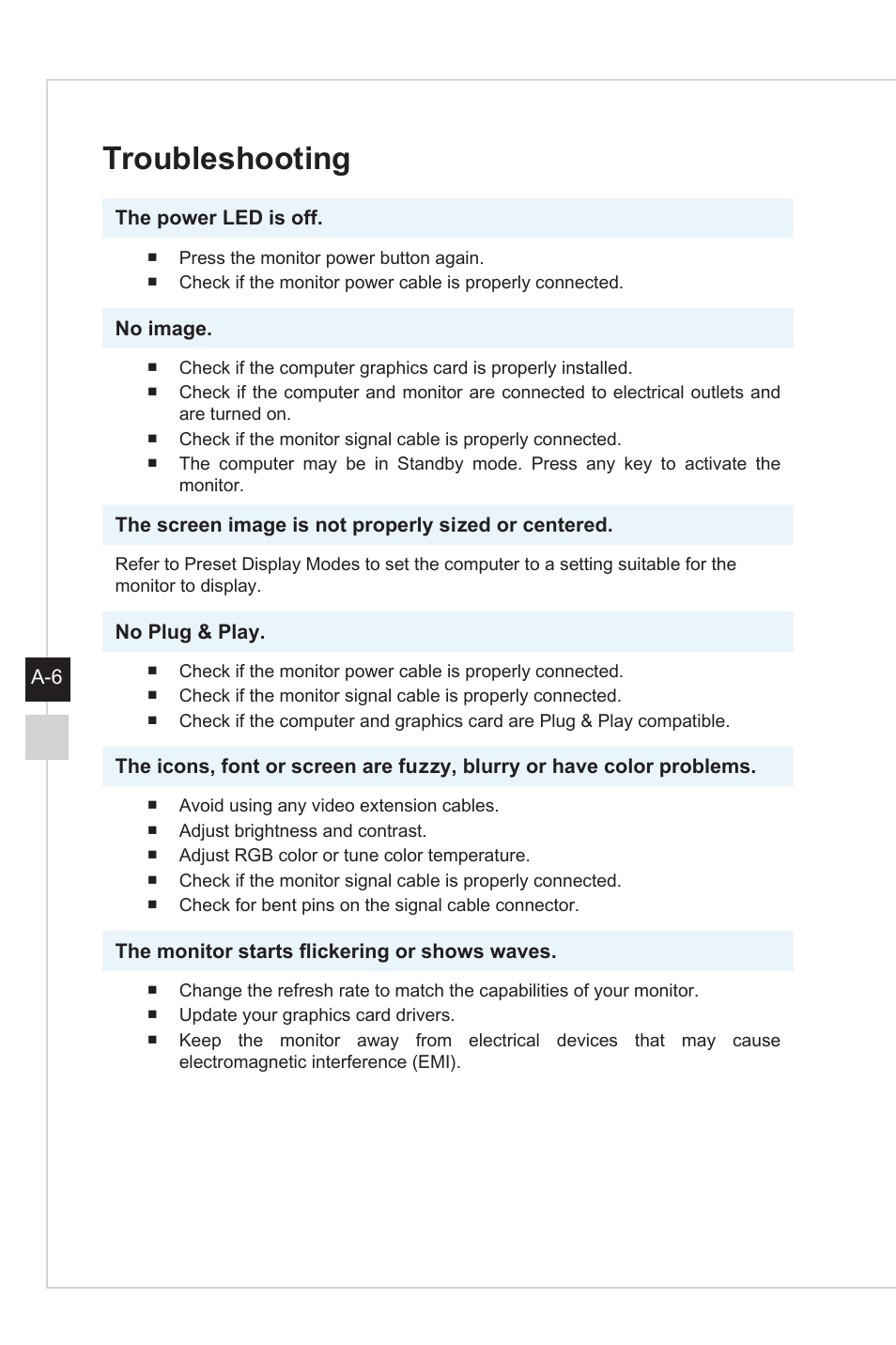 Troubleshooting | MSI Optix G27C4 E2 27" Curved 170 Hz Gaming Monitor User Manual | Page 34 / 34