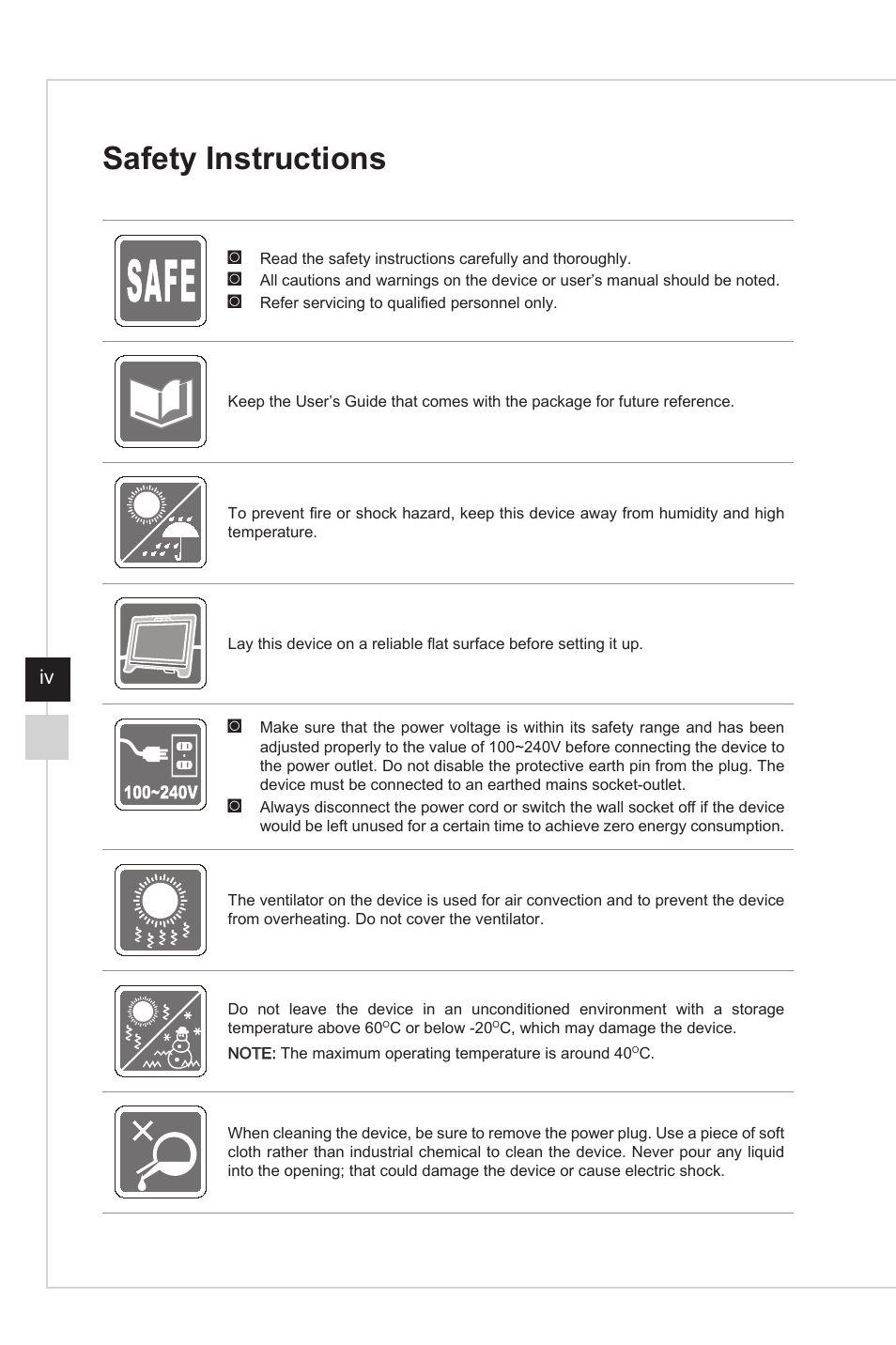 Safety instructions | MSI Optix G27C4 E2 27" Curved 170 Hz Gaming Monitor User Manual | Page 4 / 34