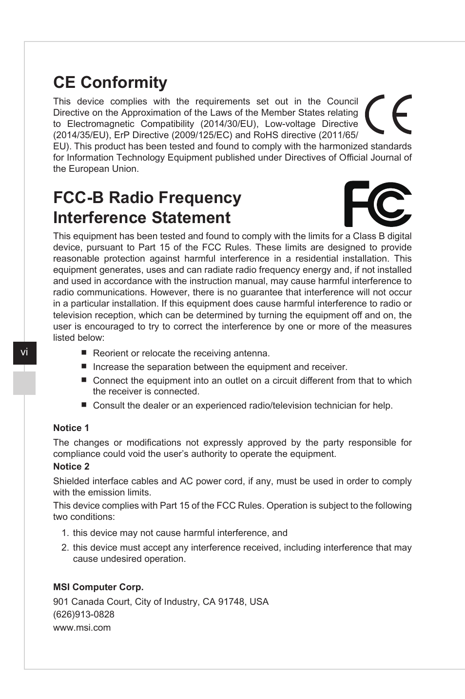 Ce conformity, Fcc-b radio frequency interference statement | MSI Optix G27C4 E2 27" Curved 170 Hz Gaming Monitor User Manual | Page 6 / 34