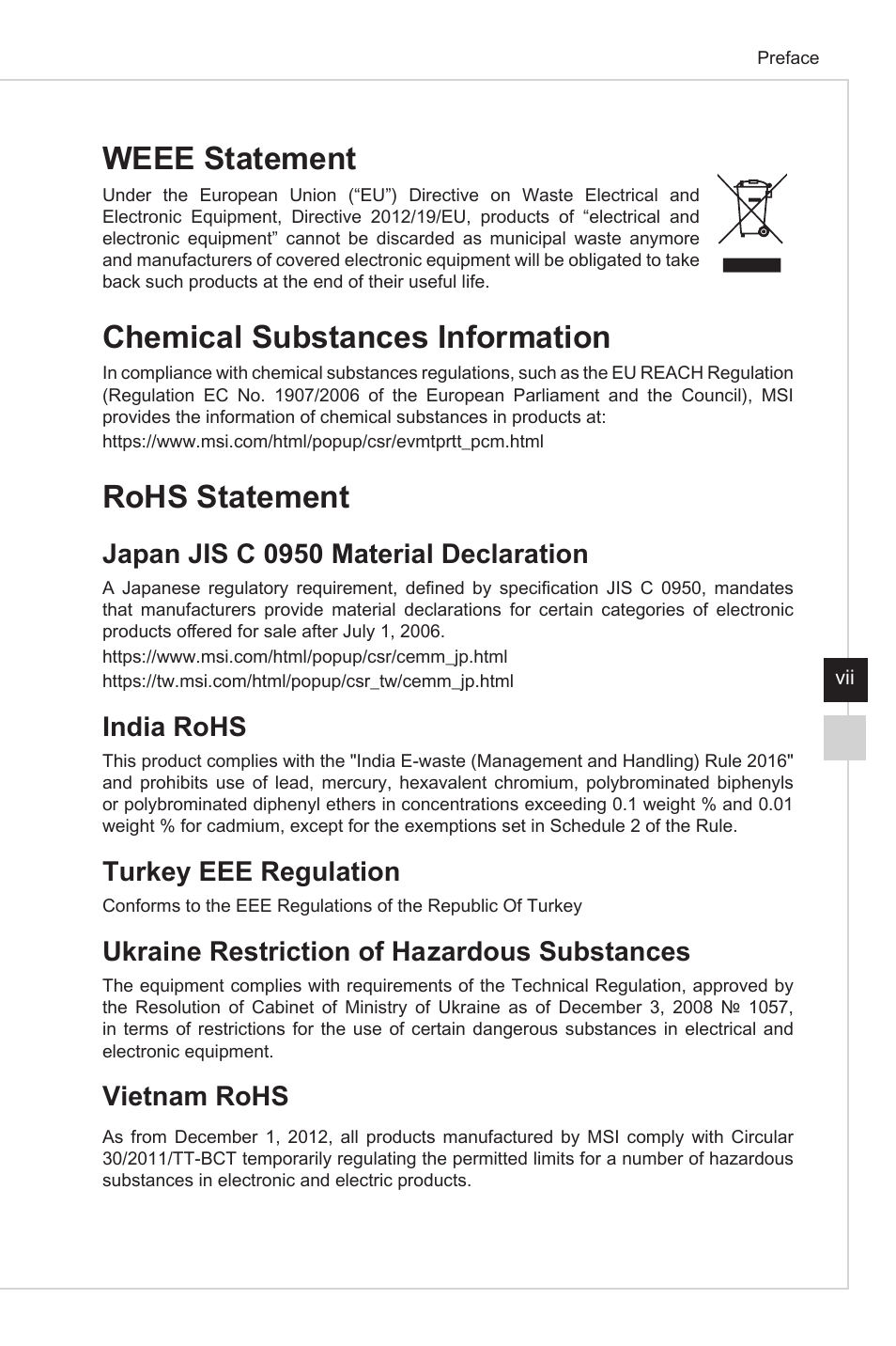 Weee statement, Chemical substances information, Rohs statement | Japan jis c 0950 material declaration, India rohs, Turkey eee regulation, Ukraine restriction of hazardous substances, Vietnam rohs | MSI Optix G27C4 E2 27" Curved 170 Hz Gaming Monitor User Manual | Page 7 / 34