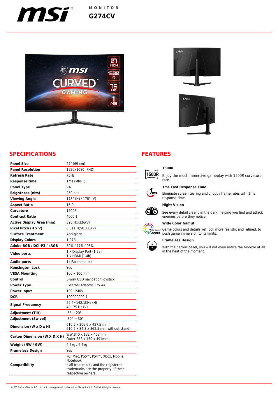 MSI G274CV 27" Curved Gaming Monitor User Manual | 2 pages