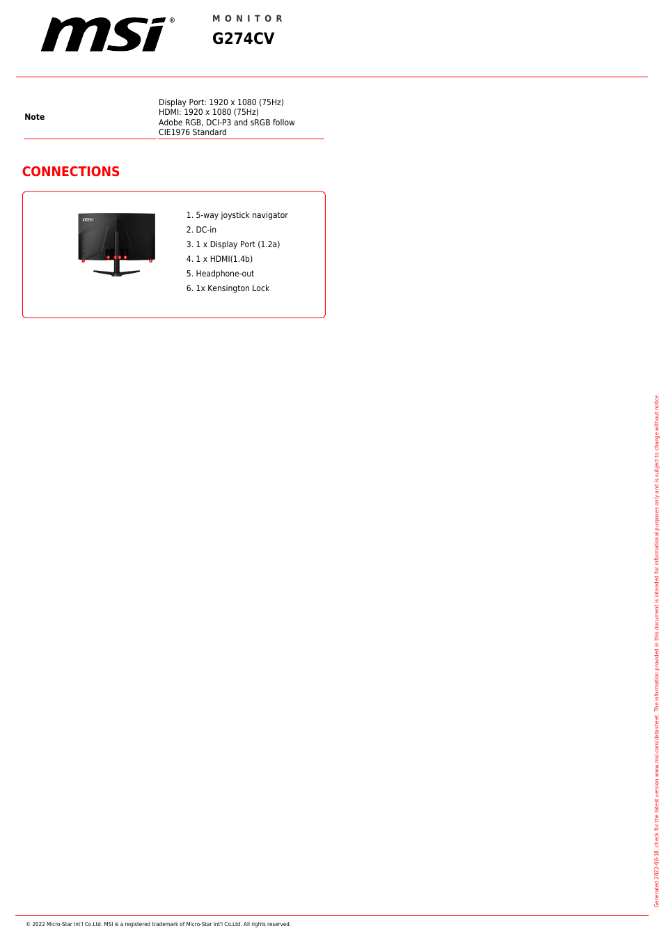 G274cv, Connections | MSI G274CV 27" Curved Gaming Monitor User Manual | Page 2 / 2