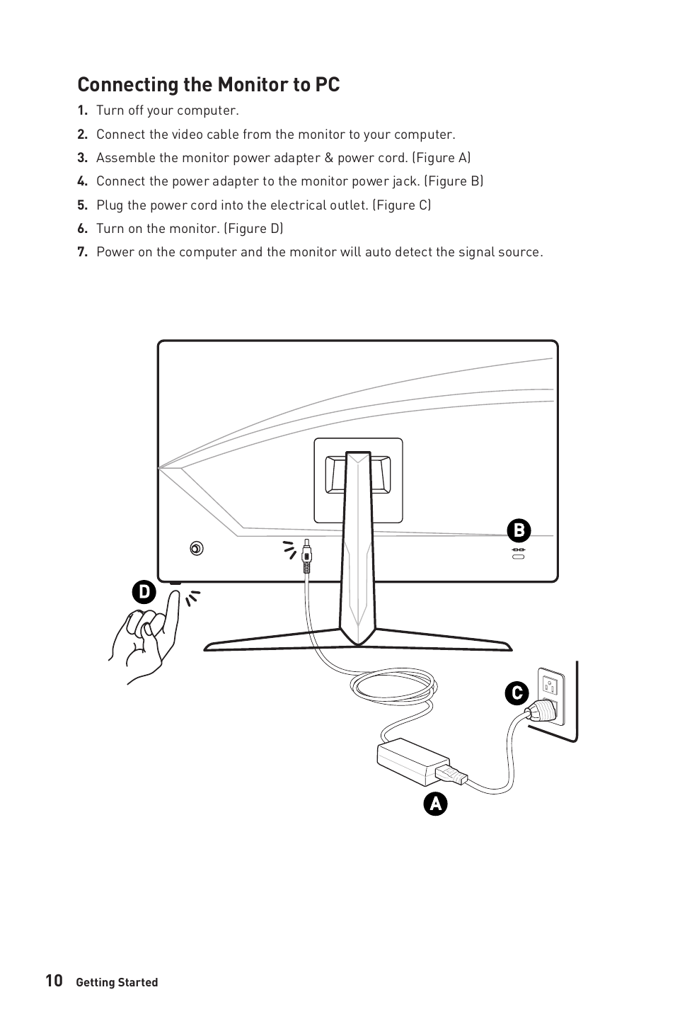 Connecting the monitor to pc, Ab c d | MSI Optix G24C6P 23.8" 16:9 Curved FreeSync Full HD 144 Hz VA Gaming Monitor User Manual | Page 10 / 25