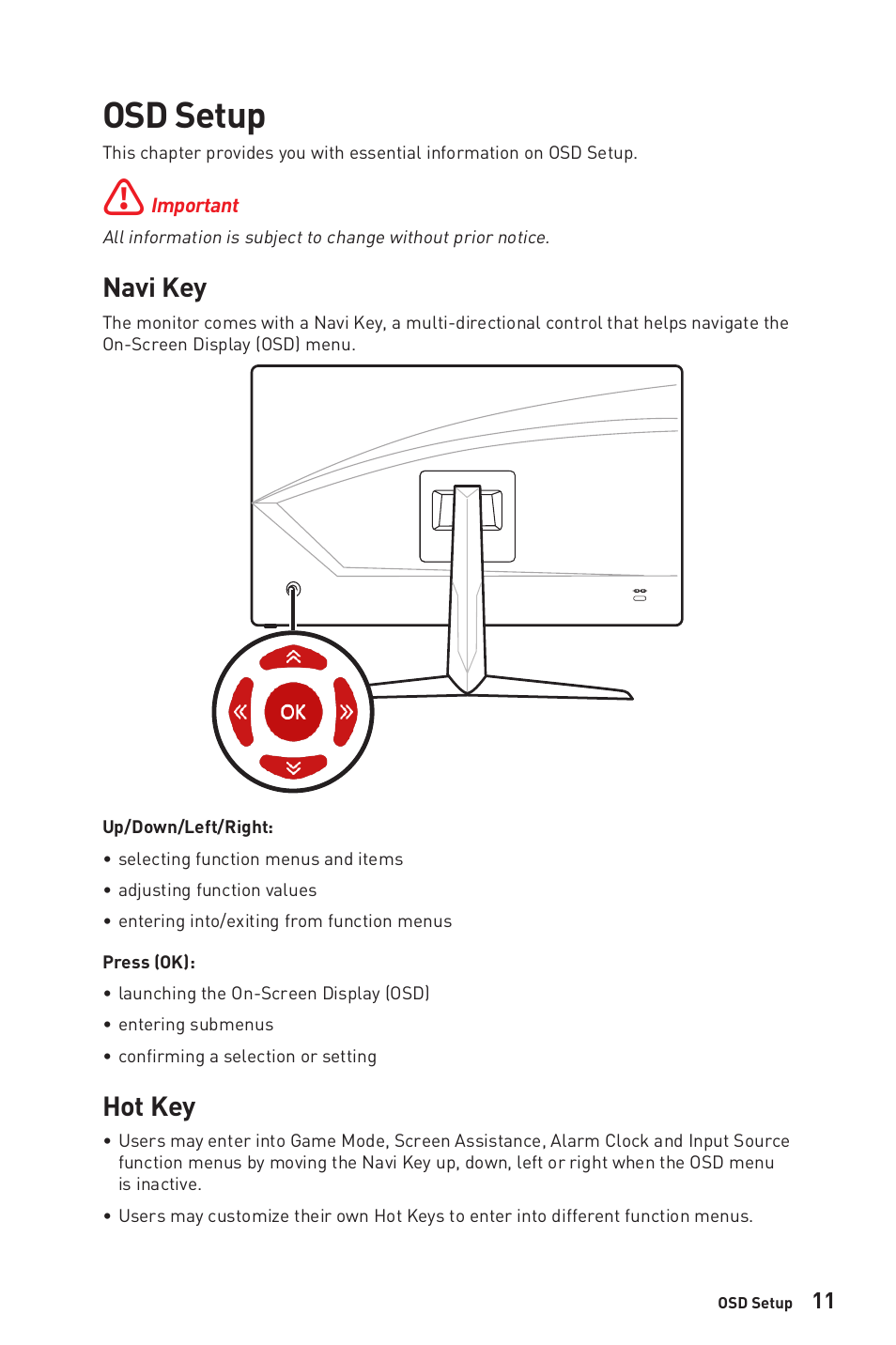 Osd setup, Navi key, Hot key | Navi key hot key | MSI Optix G24C6P 23.8" 16:9 Curved FreeSync Full HD 144 Hz VA Gaming Monitor User Manual | Page 11 / 25