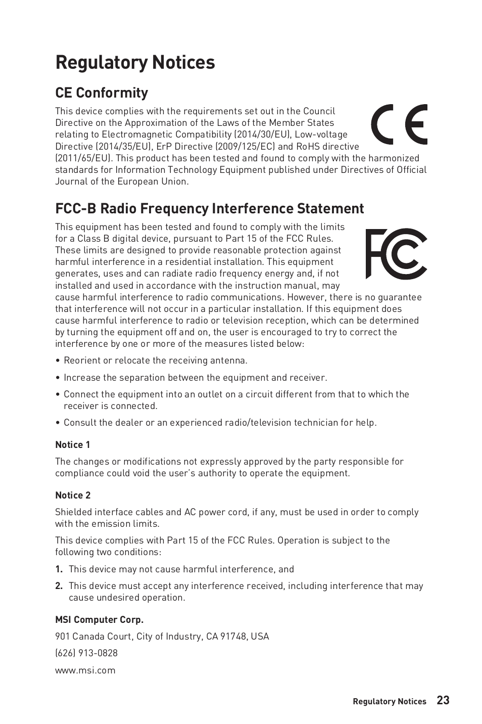 Regulatory notices, Ce conformity, Fcc-b radio frequency interference statement | MSI Optix G24C6P 23.8" 16:9 Curved FreeSync Full HD 144 Hz VA Gaming Monitor User Manual | Page 23 / 25