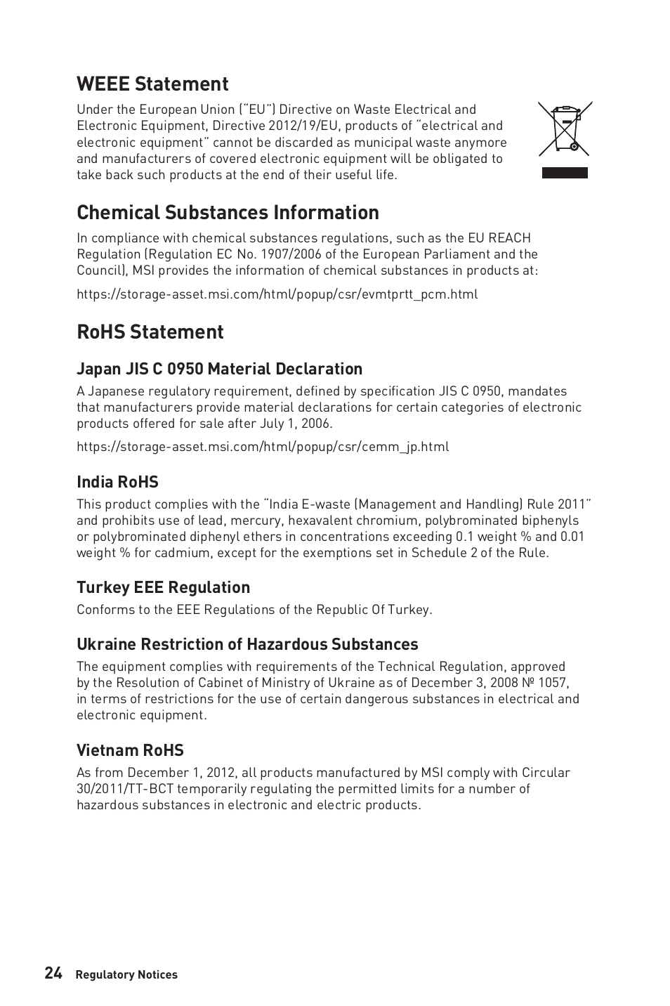 Weee statement, Chemical substances information, Rohs statement | MSI Optix G24C6P 23.8" 16:9 Curved FreeSync Full HD 144 Hz VA Gaming Monitor User Manual | Page 24 / 25